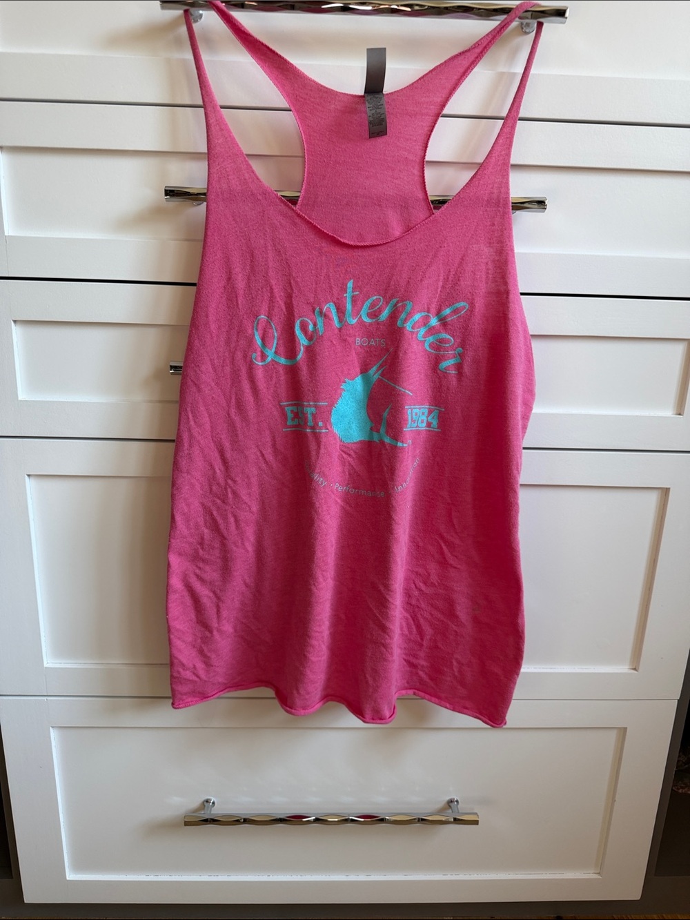 Contender Boats Next Level Apparel Pink Racerback Tank with Teal Graphic
